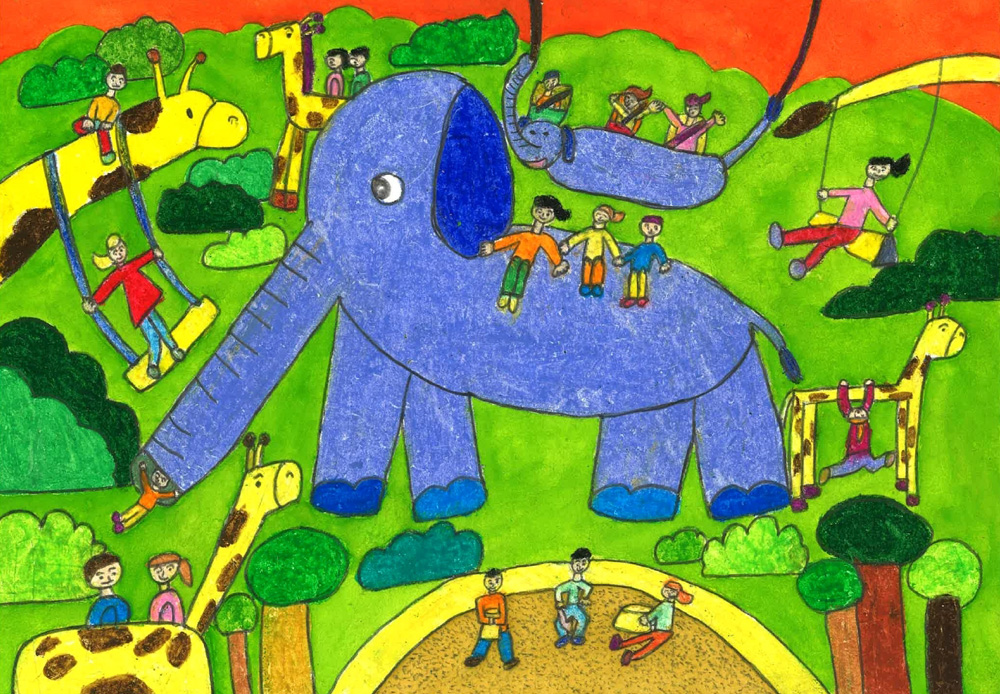 코끼리와 기린 동물 놀이터에서 놀면