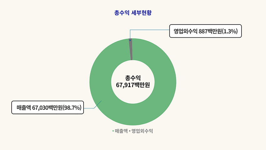 총수익 세부현황 총수익 67,917백만원, 매출액 67,030백만원(98.7%), 영업외수익 887백만원(1.3%)