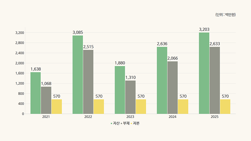 2021년:자산 1,638, 부채 1,068,자본 570/ 2022년:자산 3,085, 부채 2,515,자본 570/ 2023년:자산 1,880, 부채 1,310,자본 570/ 2024년:자산 2,636, 부채 2,066,자본 570,/ 2025년:자산 3,203, 부채 2,633,자본 570, 단위:백만원