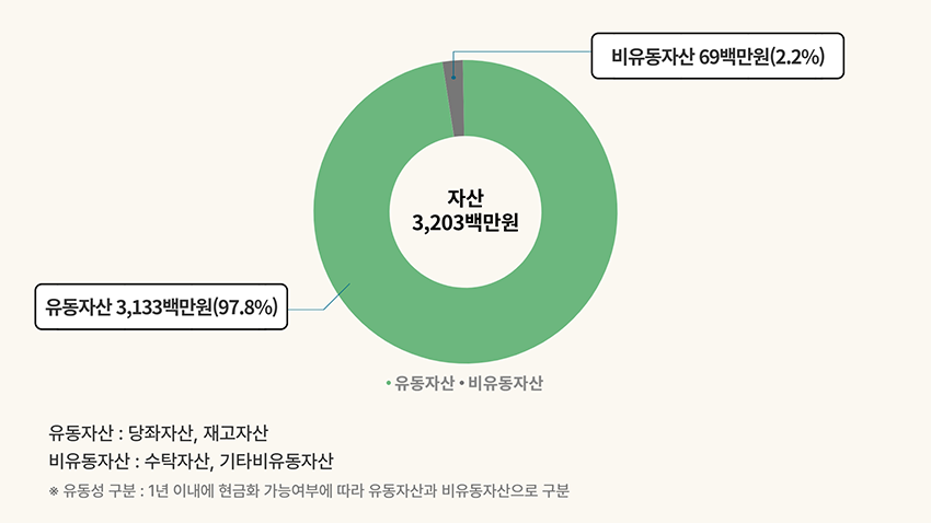 자산 3,203백만원, 유동자산 3,133백만원(97.8%), 비유동자산 69백만원(2.2%)/ 유동자산:당좌자산, 재고자산 / 비유동자산:수탁자산, 기타비유동자산, ※유동성 구분:1년 이내에 현금화 가능 여부에 따라 유동자산과 비유동자산으로 구분
