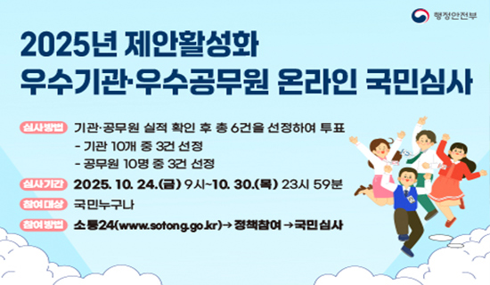 2025년 제안활성화 우수기관, 우수공무원 온라인 국민심사 심사방법:기관,공무원 실적 확인 후 총 6건을 선정하여 투표 (-기관 10개중 3건 선정, -공무원 10명 중 3건 선정) 심사기간:2025.10.24(금)9시~10.30.(목)23시 59분, 참여대상:국민 누구나, 참여방법:소통24(www.sotong.go.kr)→정책참여→국민심사
