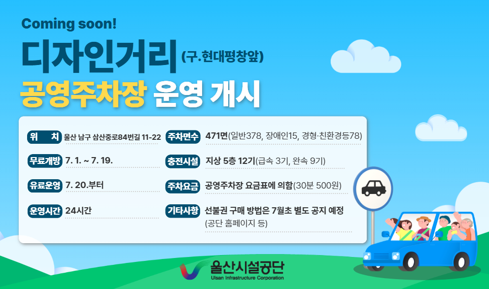 디자인거리(구 현대평창앞) 공영주차장 운영개시 위치:울산 남구 삼산중로84번길 11-22 무료개방:7.1.~7.19., 유료운영:7.20부터, 운영시간:24시간, 주차면수:471면(일반378, 장애인15, 경형, 친환경등78),충전시설:지상5층12기(급속 3기, 완속9기),주차요금:공영주차장 요금표에 의함(30분 500원), 기타사항:선불권 구매방법은 7월초 별도 공지 예정(공단 홈페이지 등)