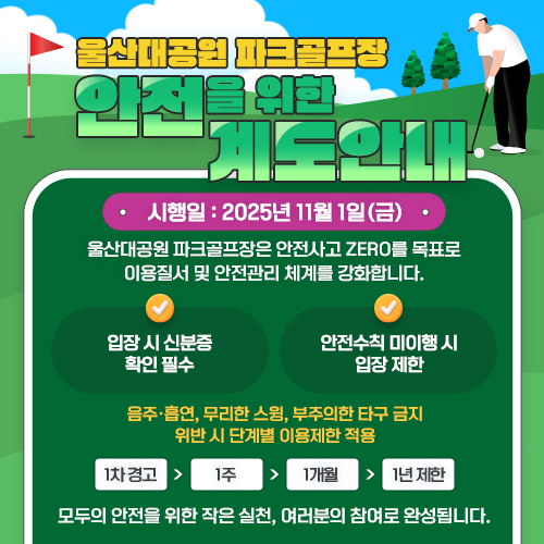 울산대공원 파크골프장 안전을 위한 계도안내 시행일 : 2025년 11월 1일(금) 울산대공원 파크골프장은 안전사고 ZERO를 목표로 이용질서 및 안전관리 체계를 강화합니다. 입장 시 신분증 확인 필수 안전수칙 미이행 시 입장 제한 음주·흡연, 무리한 스윙, 부주의한 타구 금지 위반 시 단계별 이용제한 적용(1차 경고 → 1주 → 1개월 → 1년 제한)모두의 안전을 위한 작은 실천, 여러분의 참여로 완성됩니다.